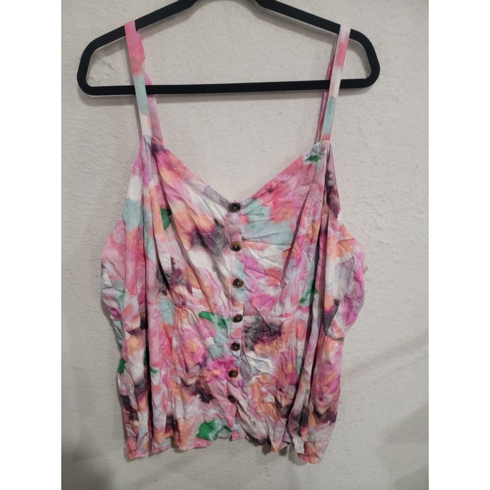 Torrid Size 4 Watercolor Floral Button Front Cami Top Rayon Smocked Back Pink 4X